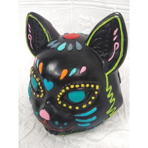 Hobbyist Dia De Los Muertos Plaster Sugar Skull Day Of The Dead cat head 7" - Picture 3 of 12